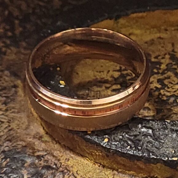 Men's Promise Ring Surgical Steel With Rose Gold Coating and Wood inlay - Picture 5 of 7